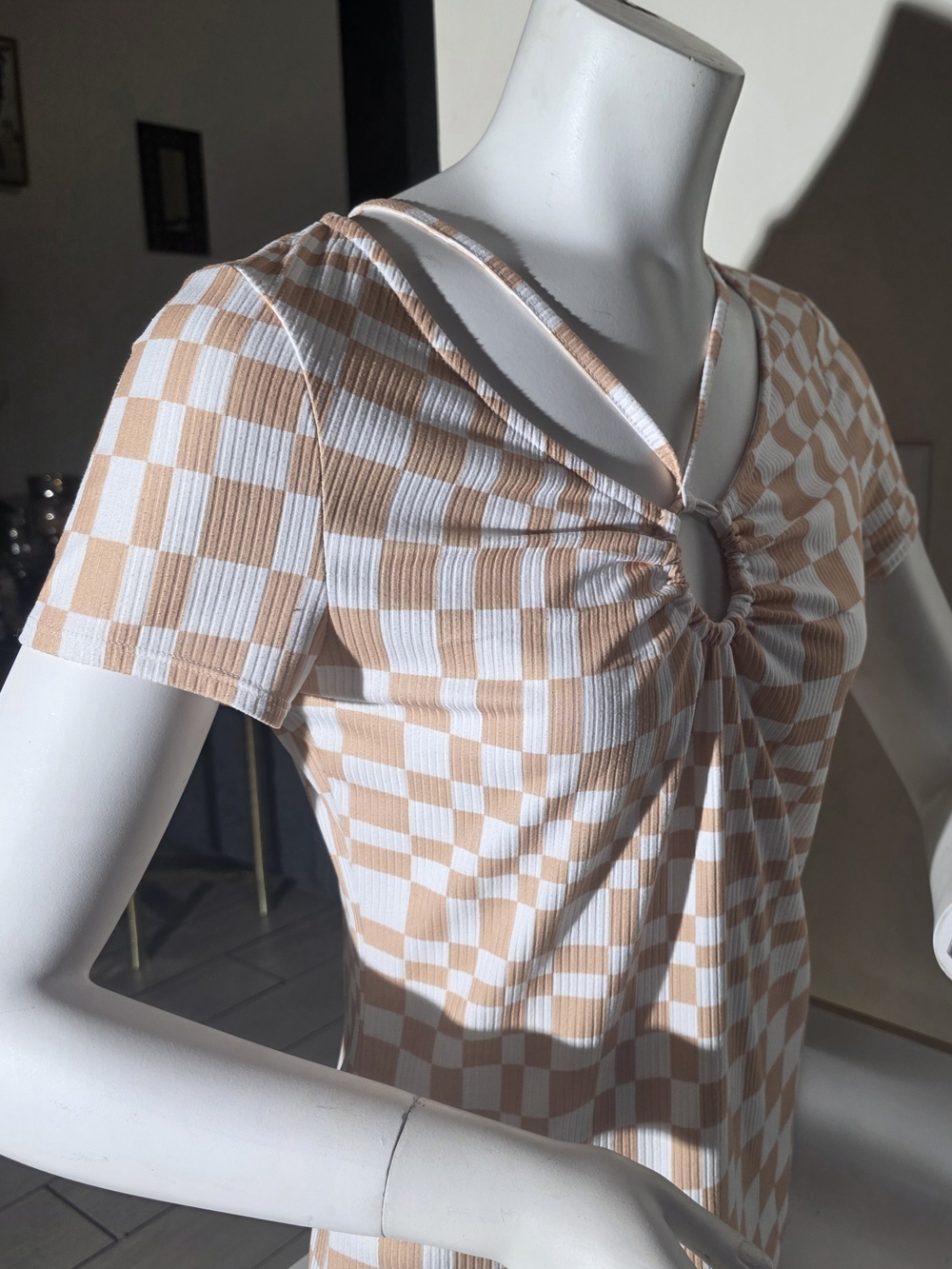 Willow & Root Checkerboard Short Sleeve Top - Cream/Tan (Size M)